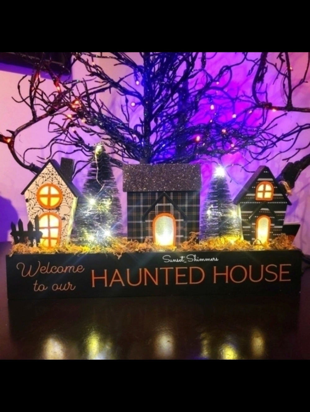 Halloween Lighted Welcome to Our Haunted House Village & Bottle Brush Trees New